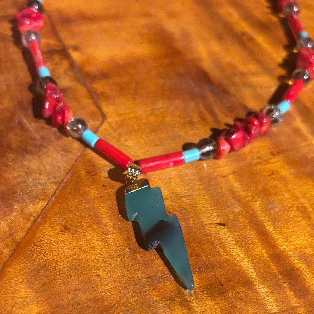 Vibrant Red and Turquoise Beaded Necklace with Pendant - Picture 2 of 4